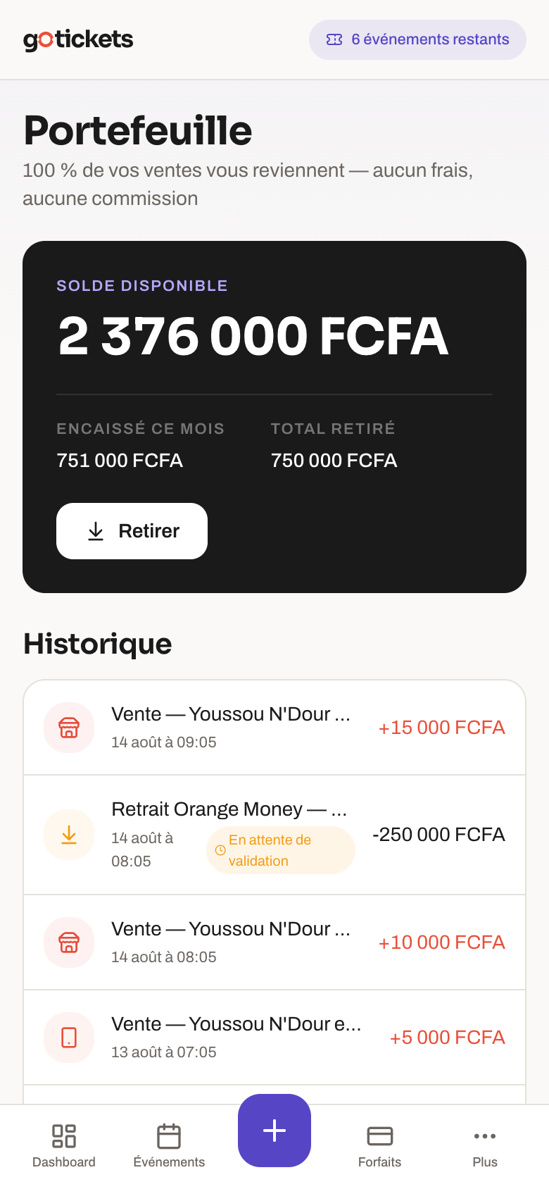 Portefeuille organisateur GoTickets : solde et retraits